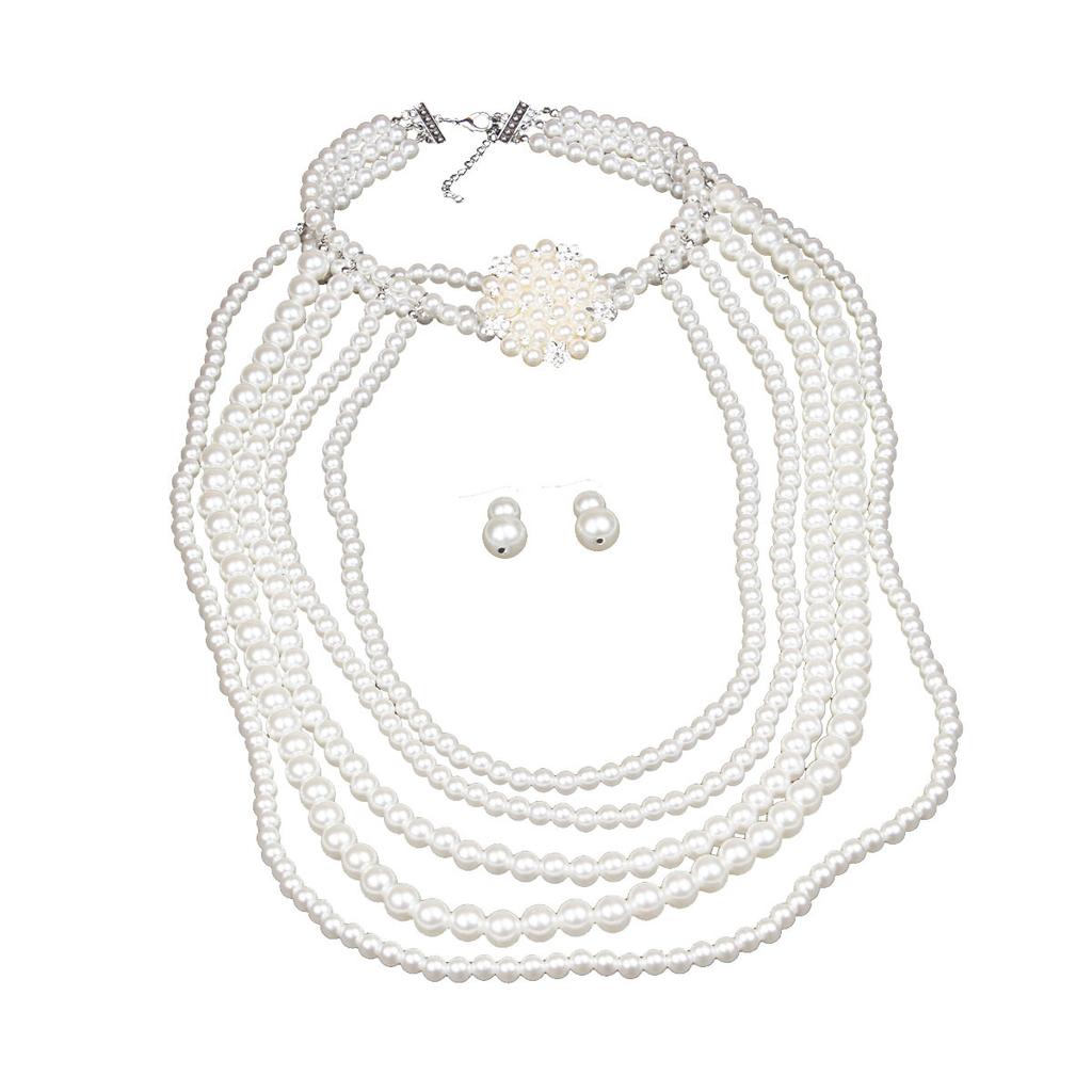 Multi-Layer Exaggerated Diamond-Encrusted Flower Pearl Necklace Earrings Set Women'S Long Sweater Chain