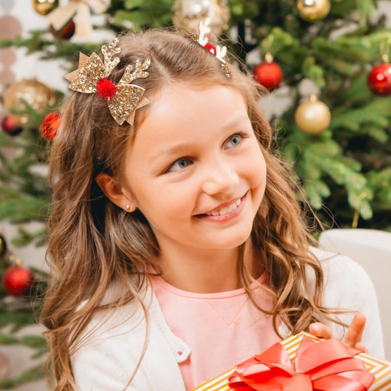 Sparkling Hair Clip with Sequins Cute Bowknot Deer Horn Hairpin for Girls Perfect Festive Headwear Christmas Present