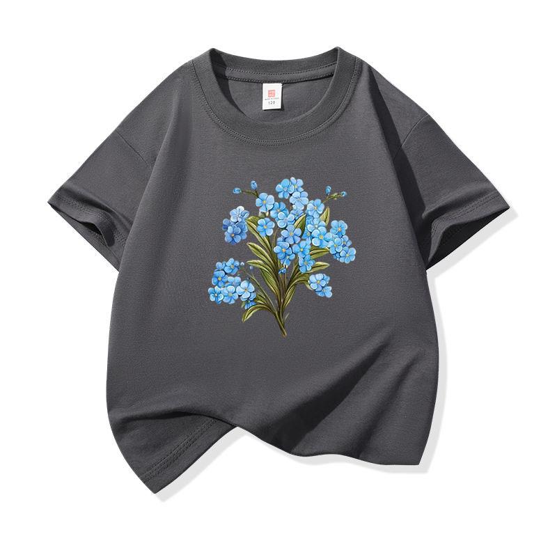 Kids Pure Cotton T Shirt Blue Floral Print Crew Neck Short Sleeve Tee Casual Breathable Boys Girls Summer Tops