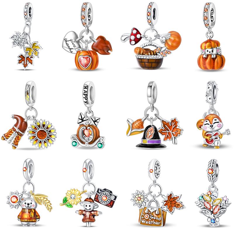 100% 925 Silver Autumn Harvest Series Brown Music Squirrel Scarecrow Pumpkin Maple Leaves Charms Beads DIY Jewelry Gift