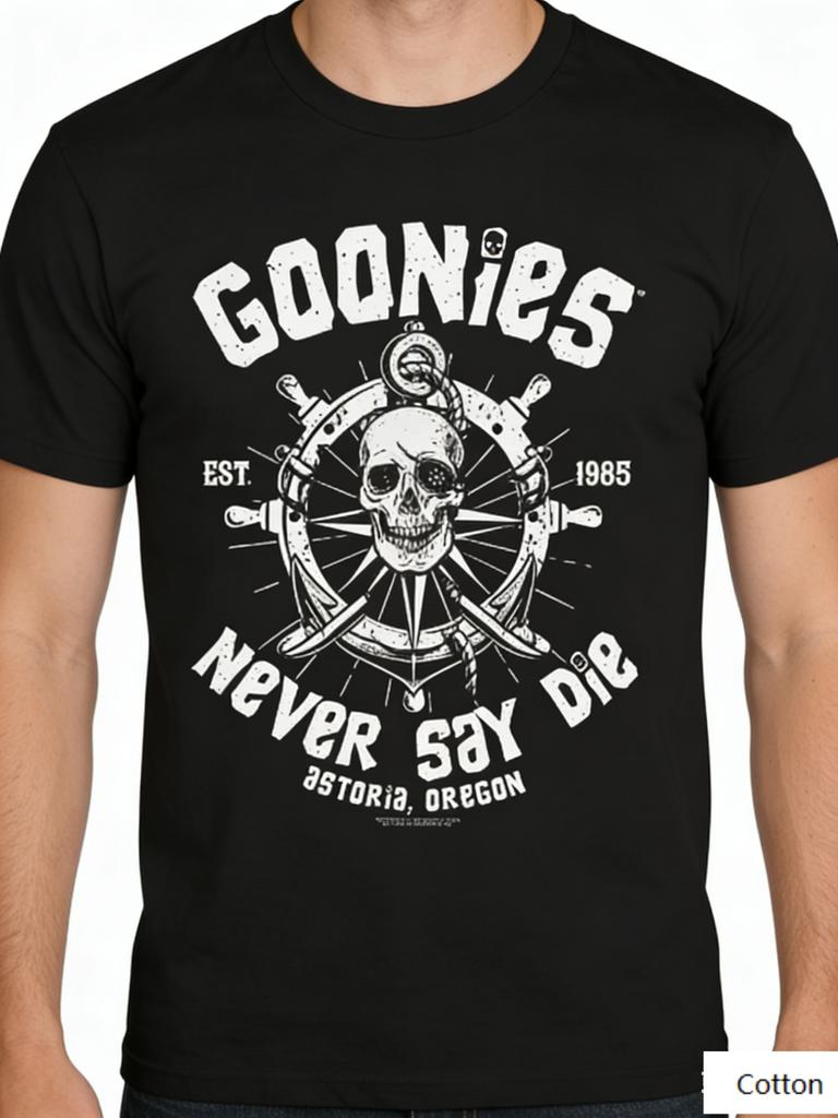 Vintage Goonies Inspired Pirate Skull Weapons Print Pure Cotton Crew Neck Tee Unisex Retro Nautical Streetwear Casual Short