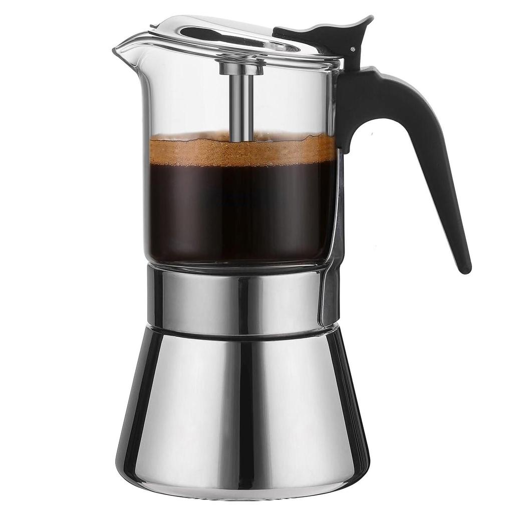 Кофеварка для эспрессо на индукционной плите Moka с клапаном давления, столешницей из хрустального стекла и кастрюлей Esprosso Moka из нержавеющей стали, классическая итальянская кофеварка