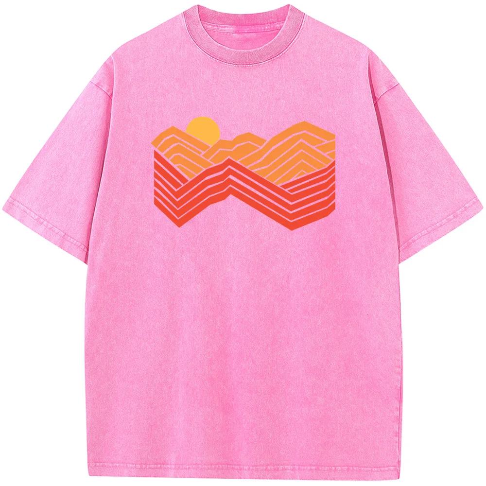 Men's Orange Mountain Short-Sleeved T-shirt Fashion Casual Washed T-Shirt Vintage Summer Cotton Bleached Tshirt