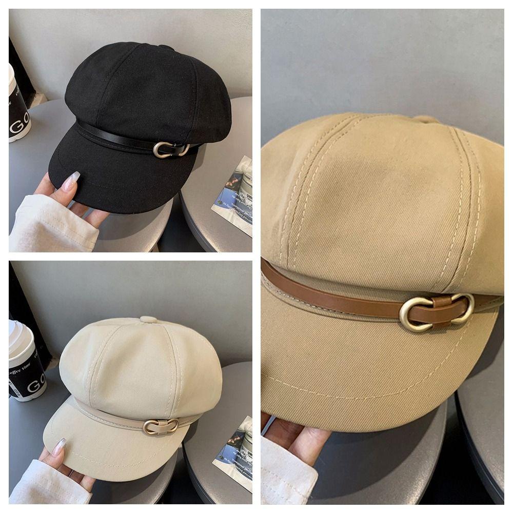 Newsboy Cap Octagonal Hat Leather Buckle Painter Hat Personality Black Beret  Girl