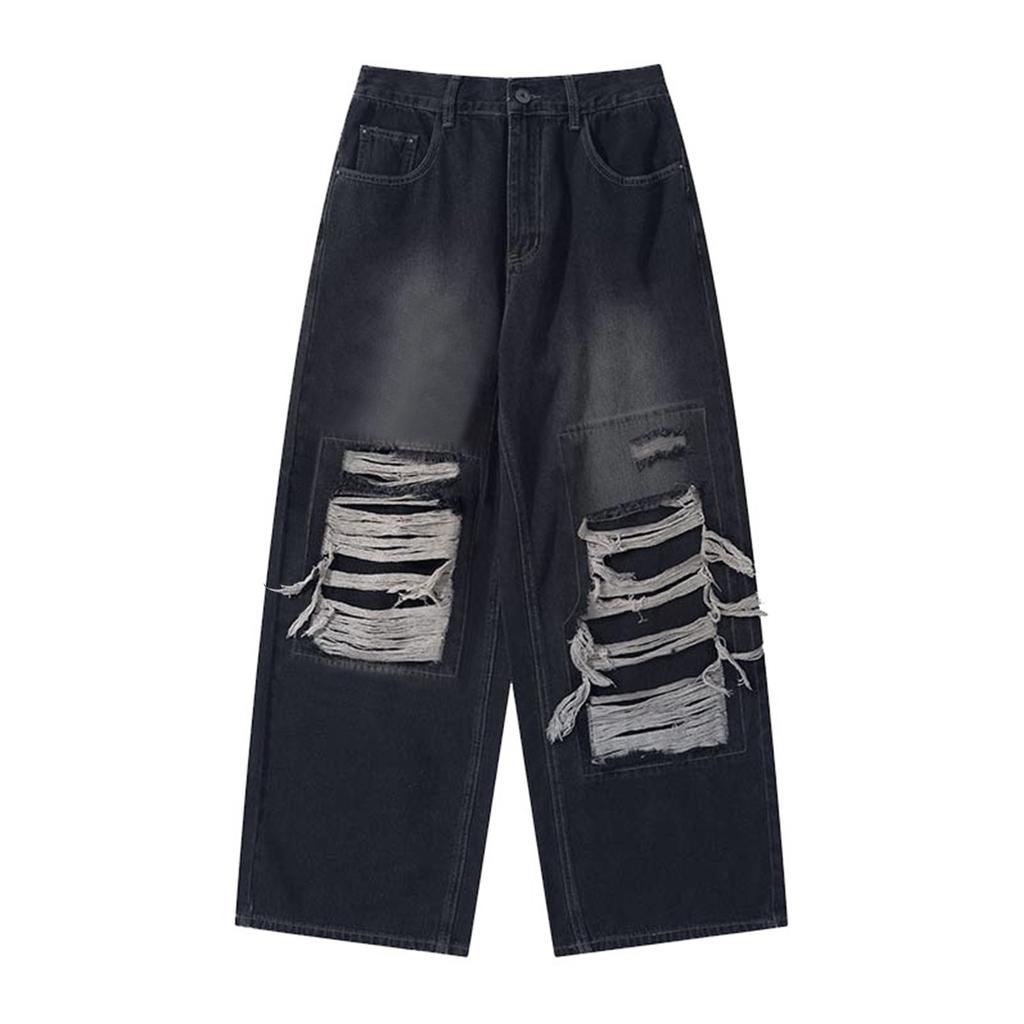 Women's Vintage Ripped Jeans Loose Straight Leg Wide-leg Mop Denim Pants