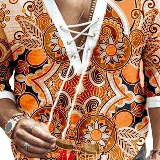 Летний мужской топ с v-образным вырезом на шнуровке, пуловер со средним рукавом и этническим принтом в стиле ретро, ​​свободная повседневная рубашка средней длины