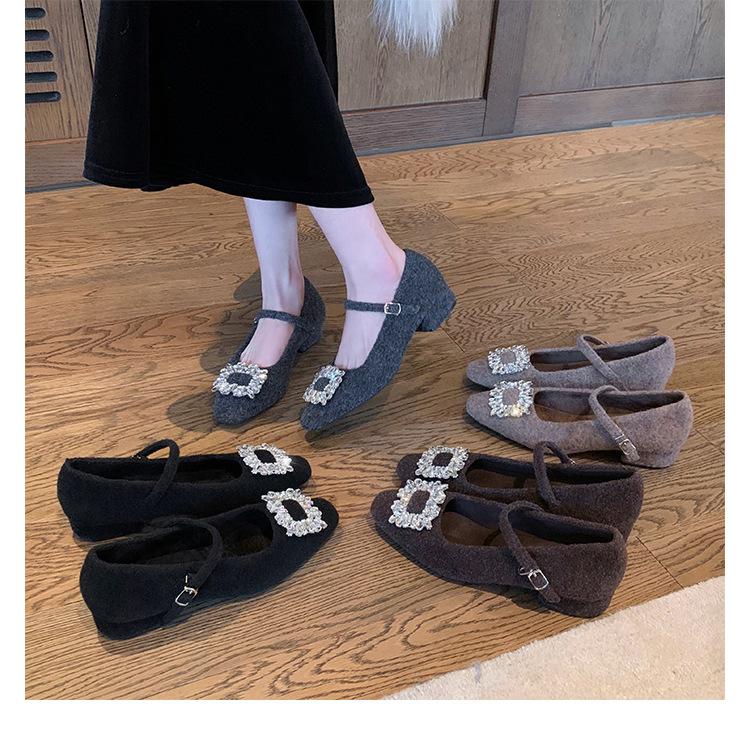 Wool Version~ Diamond Buckle Small Square Head with Woolen Thick Heel Mary Jane Single Shoes Women's Leather Small Heels Ladyshoes