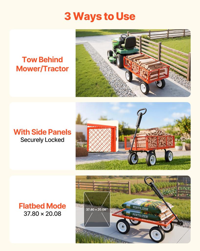 VEVOR Garden Cart, 900 LBS, Heavy Duty Steel Yard and Garden Utility Wagon with 10-Inch Tires, Outdoor Gardening Stool with Adjustable Handle