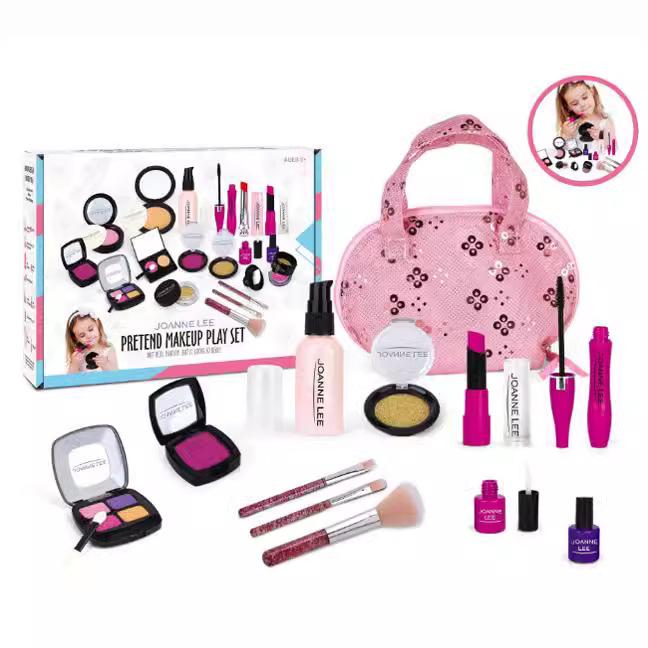 Pretend Play Kids Makeup Toy Set for Girls, Cosmetic Beauty Accessories with Handbag, Non-Toxic Fake Makeup Kit, Pink