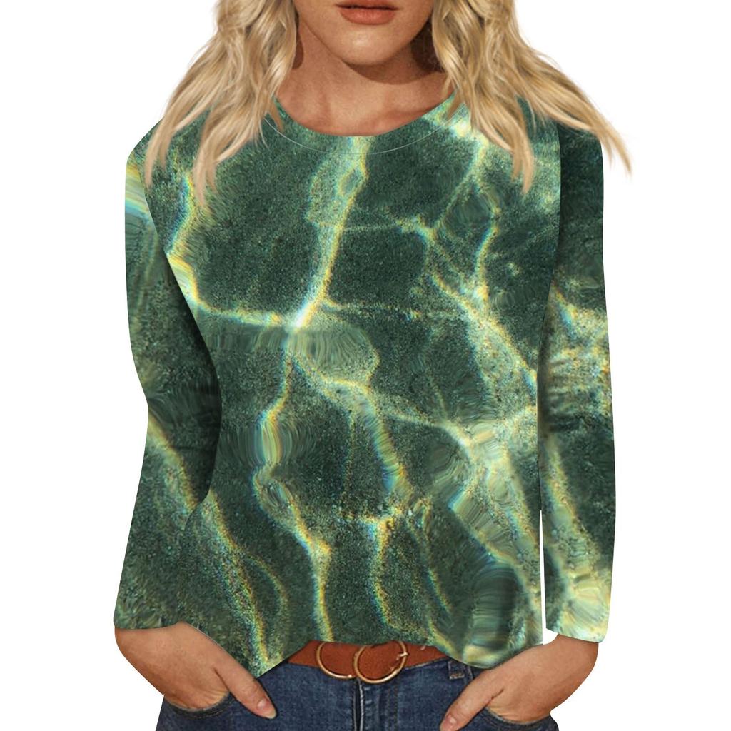 Women's Fashion Casual Long Sleeve Print Round Neck Pullover Top Blouse