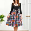 Women's Fashion Round Casual Slim Fit Christmas Print Large Swing Long Sleeve Dress