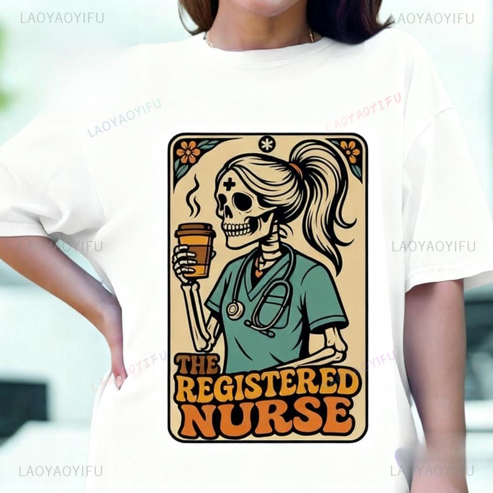 Retro Registered Nurse Shirt Skeleton Coffee Tee Tarot Card Nurse Gift Funny Appreciation Graduation Gift Tshirt Women Casual T