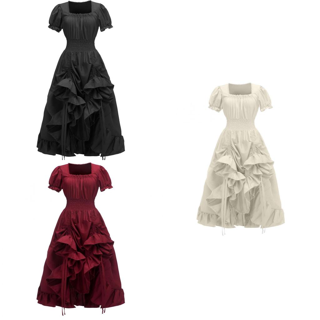 Vintage Renaissance Square Neck Short Sleeve Dress Medieval Pastoral Cosplay Dress