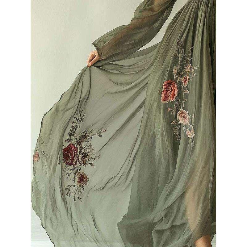Printed Long Sleeve Long Collar Dress
