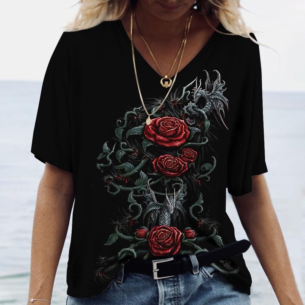 Женские футболки с v-образным вырезом, модные футболки с цветочным рисунком, летние короткие женские топы с принтом, повседневные футболки в стиле Харадзюку 5XL