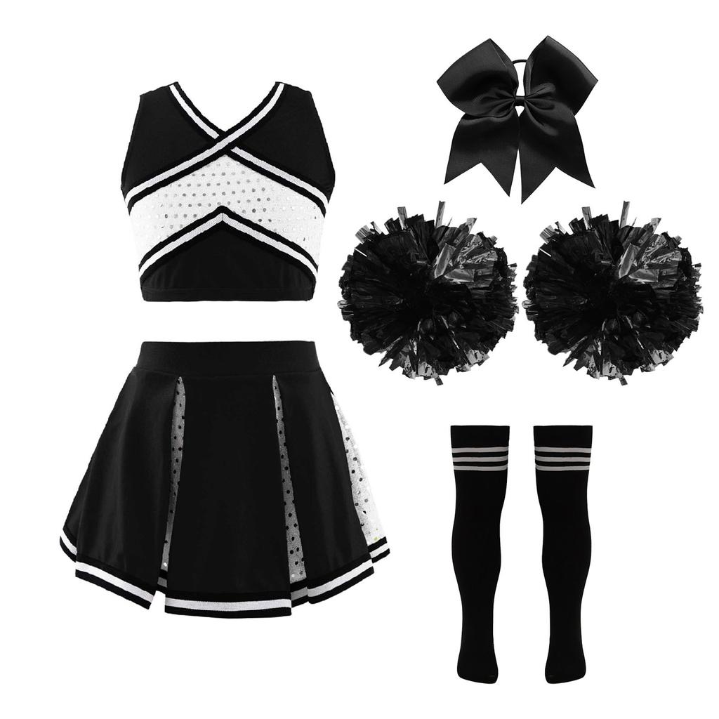 Kids Girls Sparkly Cheer Outfit Crisscross Striped V Neck Crop Top Pleated Skirt and Bow Set