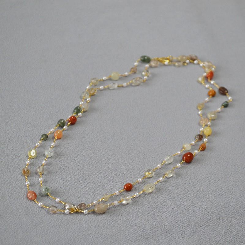 Womens Long Double Layered Sweater Necklace Handmade Natural Stone Beaded Chain Winter Fashion Jewelry