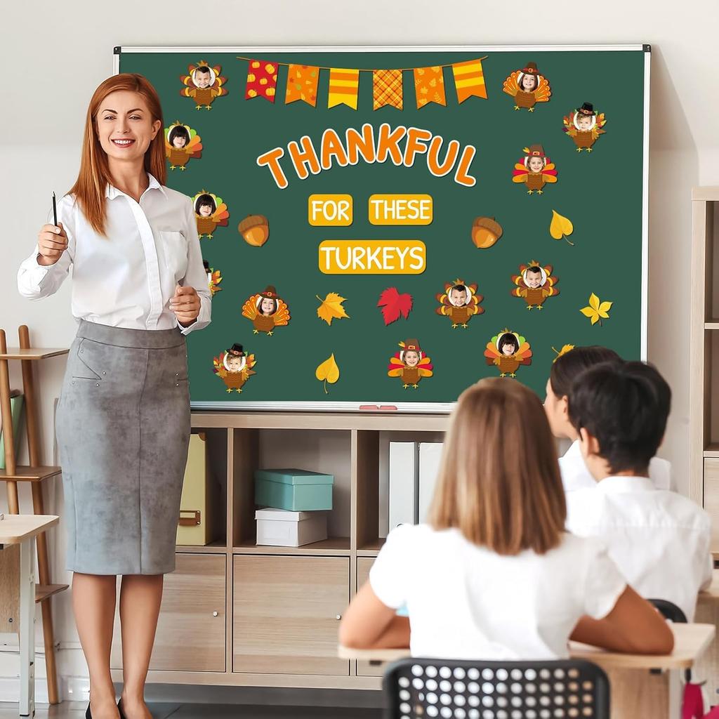 Thanksgiving Turkey Bulletin Board Door Decorations Thankful for These Turkeys Classroom Door Poster DIY Photo Crafts Paper Cutouts Back to School