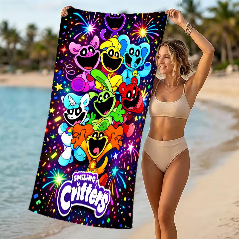 Beach Towel with Smiling Critters Pattern - soft,absorbent,machine washable Lightweight&Modern,swimming,Travel Essentials