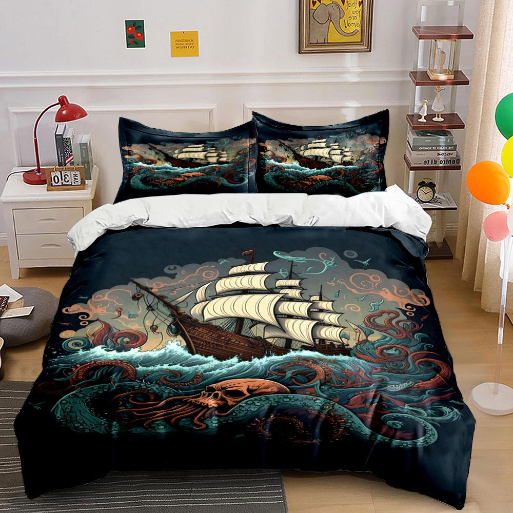 Sea Monster Attacking Sailing Ship Print Bedding Set 1 Duvet Cover 2 Pillowcases for Adult and Children Luxury Gift Full Size