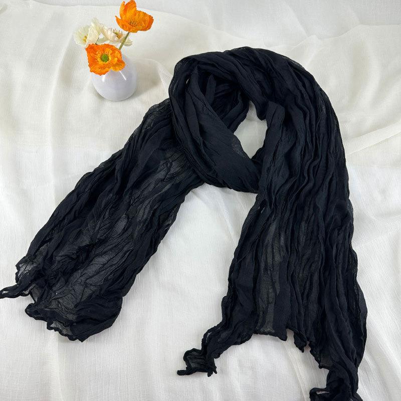 Autumn and Winter Warm Pure Color Wrinkled Cotton and Linen Scarf Artistic Versatile Pleated Scarf for Women