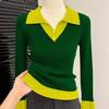 Women's Color-block Polo Knit Sweater Autumn Winter Slim-fit Stretchy Knit Sweater Soft Skin-friendly Knit Pullover