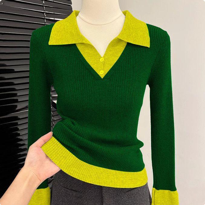 Women's Color-block Polo Knit Sweater Autumn Winter Slim-fit Stretchy Knit Sweater Soft Skin-friendly Knit Pullover