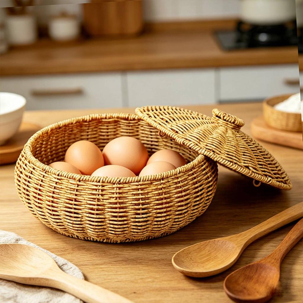 Wicker Basket with Lid Textured Weave Lidded Rattan Basket Multipurpose Rustic Design