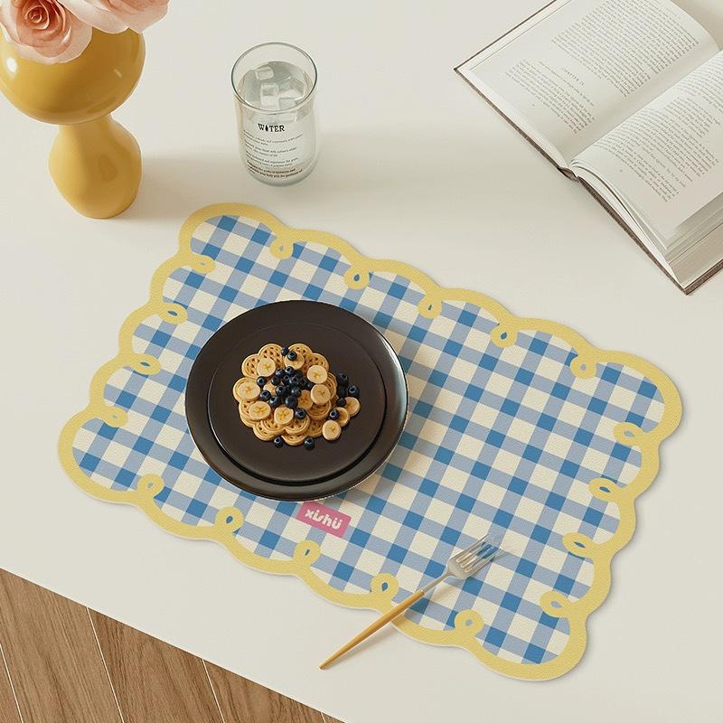 Dining Room Placemats Dopamine Grid Oil-Proof Waterproof Pu Leather Table Mat Heat-Resistant Kitchen Tableware Bistro Bar Home