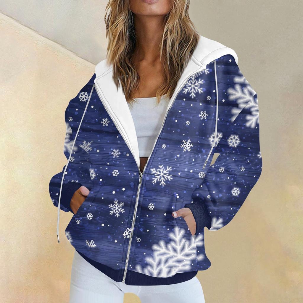 Женская модная повседневная толстовка с рождественским принтом и длинными рукавами, карманная куртка, пальто с капюшоном на молнии