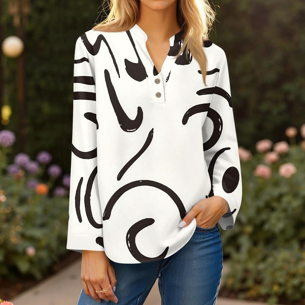 Женская модная и повседневная рубашка с длинным рукавом, V-образным вырезом, на пуговицах, с принтом, блузка, топ