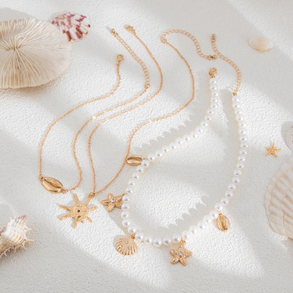 Starfish Shells Bohemia Pendant Necklace Pearl Clavicle Chain Women Neck Jewelry