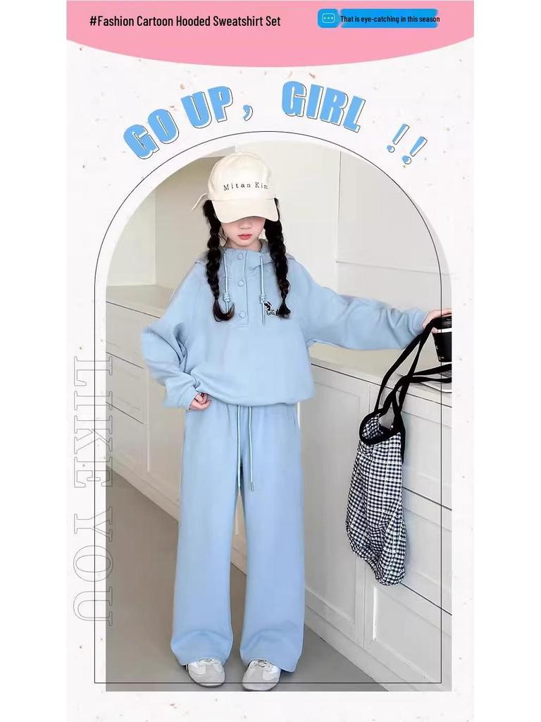 2025 Girls' Fashionable Spring & Autumn Two-Piece Outfit: Sweatshirt & Pants Set for Big Kids
