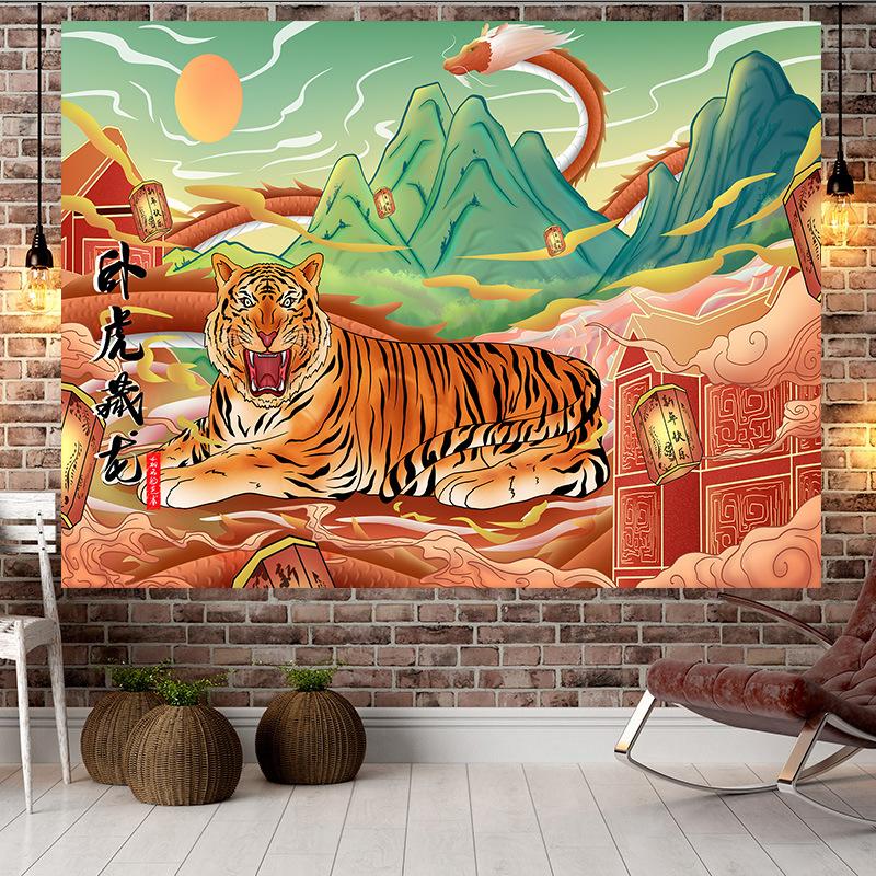 Большой гобелен в китайском стиле в стиле тигра, настенный гобелен с геометрическим рисунком, гобелен в стиле хиппи, домашний декор, эстетическое украшение