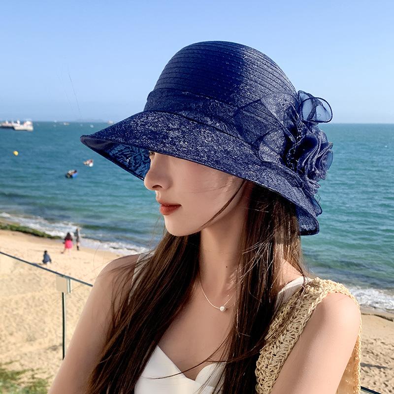 Vintage Elegant Flower Organza Sun Hats Ladies Wedding Party Floppy Church Hat For Women Summer Antiuv Travel Beach Caps