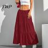 Elegant Casual Skirt Women Long Spring Summer Middle Waist A Line Flowy Swing Breathable Solid Color Elastic Drawstring Pleated