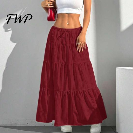 Elegant Casual Skirt Women Long Spring Summer Middle Waist A Line Flowy Swing Breathable Solid Color Elastic Drawstring Pleated