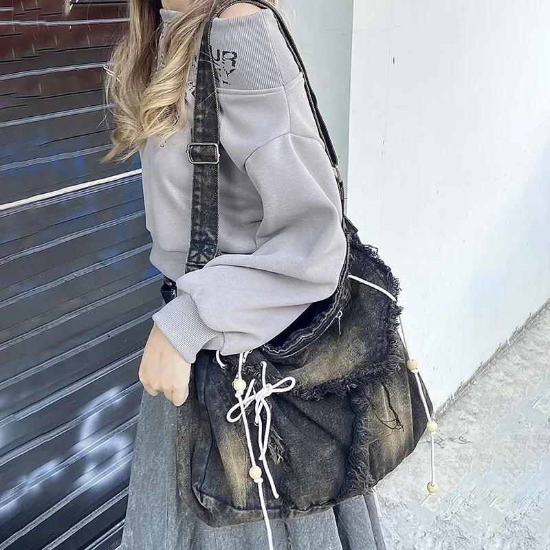 Washed Denim Women Shoulder Bag Large Capacity Student Zipper Messager Handbags