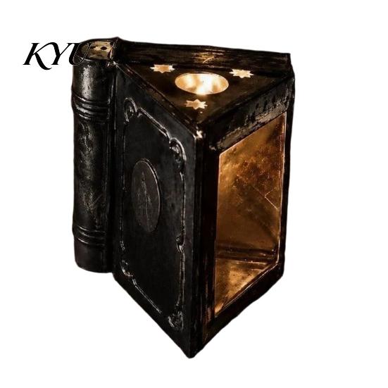Bedroom Table Centerpiece Metal Magic Book Candle Box with Light, Lighted Holder Ornament, Iron Stands Decorative Pillar Stand for Living Room Office
