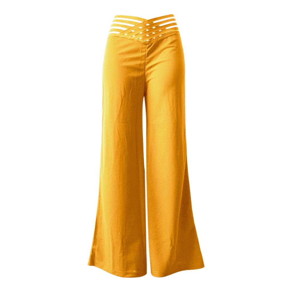 Women Hollow Wide Waistband Long Pants High Waist Solid Color Wide Leg Flared Trousers Yoga Sport Gym Pants