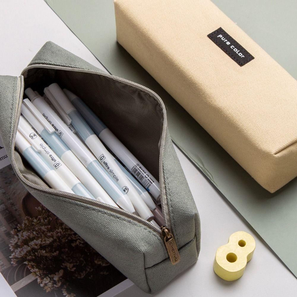 Pure Color Zipper Canvas Stationery Holder Box Pen Bag Pencil Pouch Pen Case