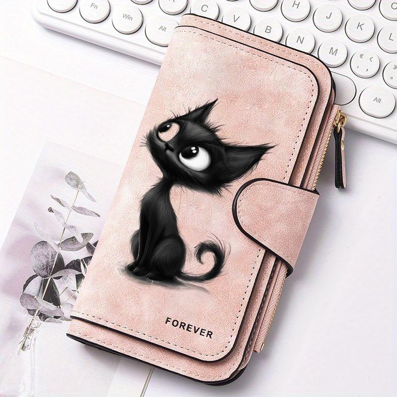 Women's Long Wallet Black Cat Design 3-Fold Card Holder with Multiple Pockets Printed Zipper Coin Purse for Cash ID Credit Cards Gift for Family