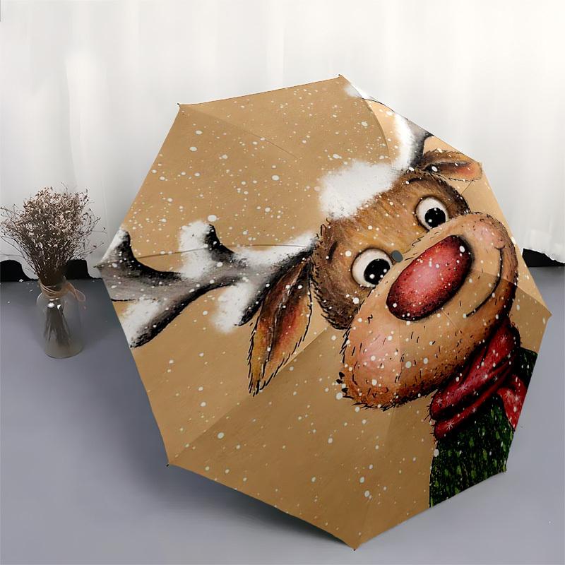 1pc Christmas Reindeer with Snowy Antlers, Festive Gift Idea for Fans, Travelers, Everyday Use, Auto Open Close Umbrella with Foldable Design & 8-Iron