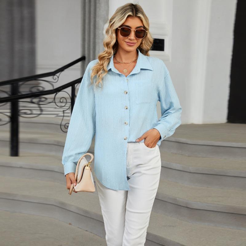 Весенне-осенняя женская рубашка, однотонный свободный топ с длинными рукавами и карманами с лацканами
