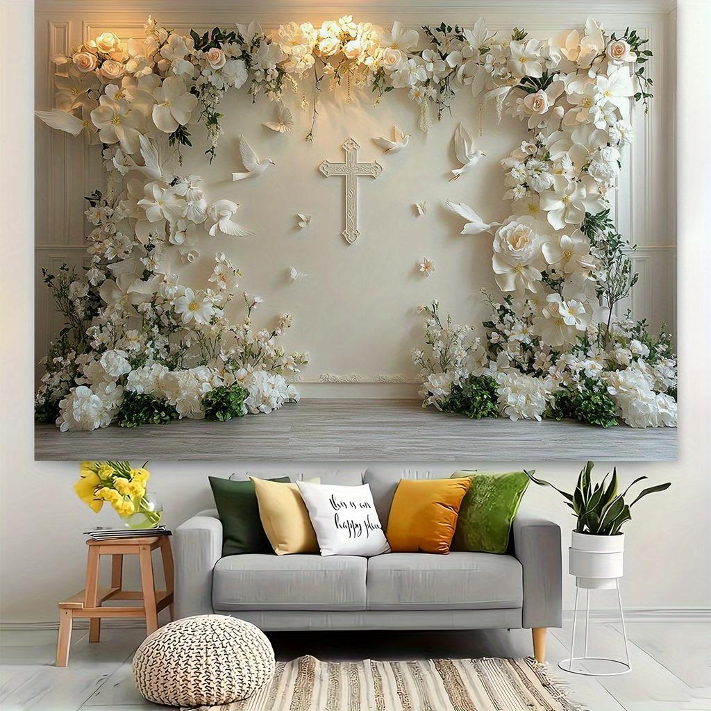 A floral cross and white floral background cloth, no electricity required, suitable for weddings