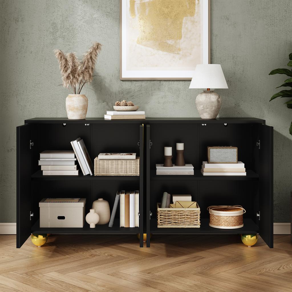 Living Room Cabinet, Four-Door Sideboard, Dining Room Storage Cabinet with Arch Gold Line Decor, Ball-Shaped Metal Feet for Hallway and Living Room