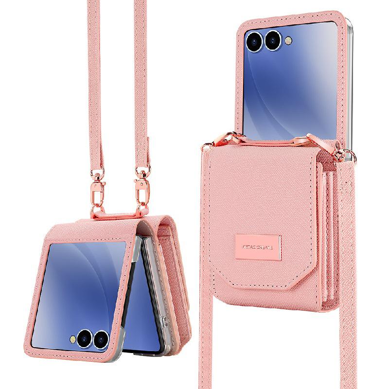 Stylish multi-card slot coin purse/phone case for Samsung Z Flip7, drop-proof, foldable, anti-lost, includes long crossbody strap.