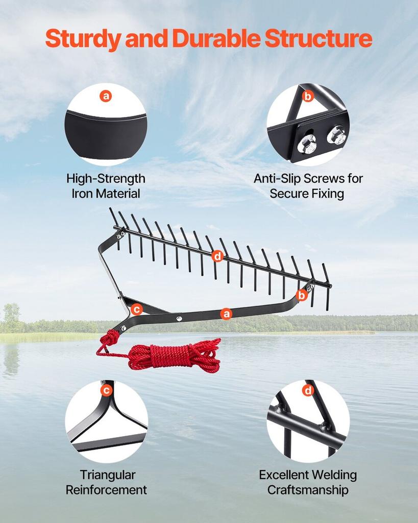 32x6.3 in Pond Aquatic Weed Rake Double-Sided Lake Weed Rake 30ft Rope