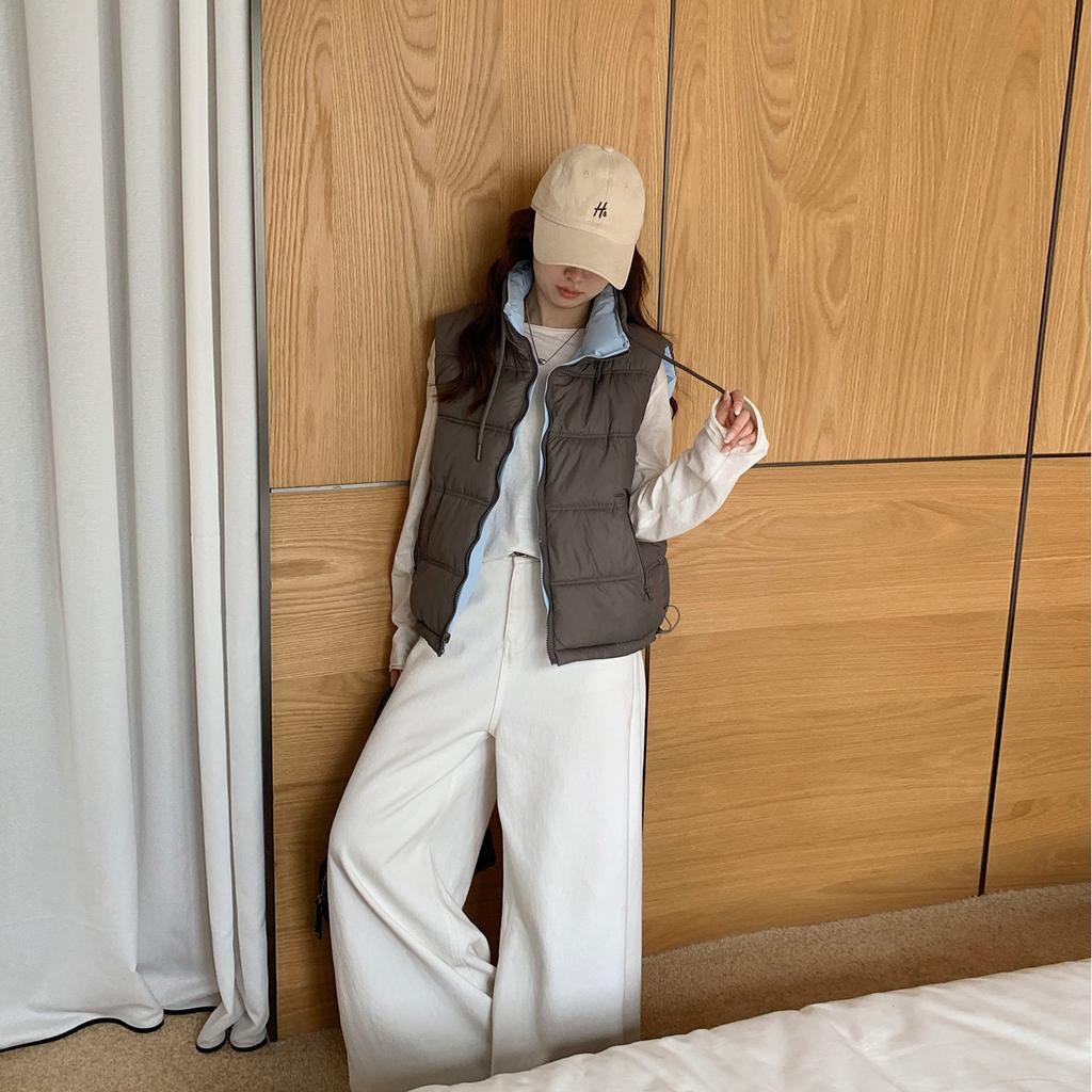 Contrast color simple short down cotton vest women's small versatile casual stand-up collar sleeveless vest jacket tide