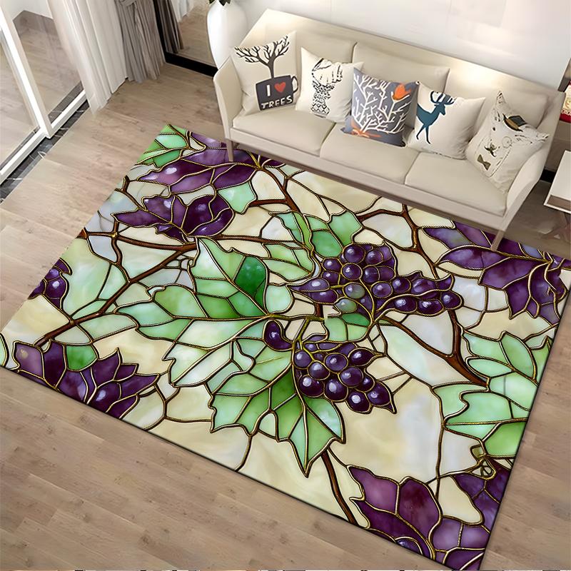 "Stained Glass Style Carpet with Green Leaves and Purple Grapes Design" Suitable for use as an anti-slip for living room bedroom sofas